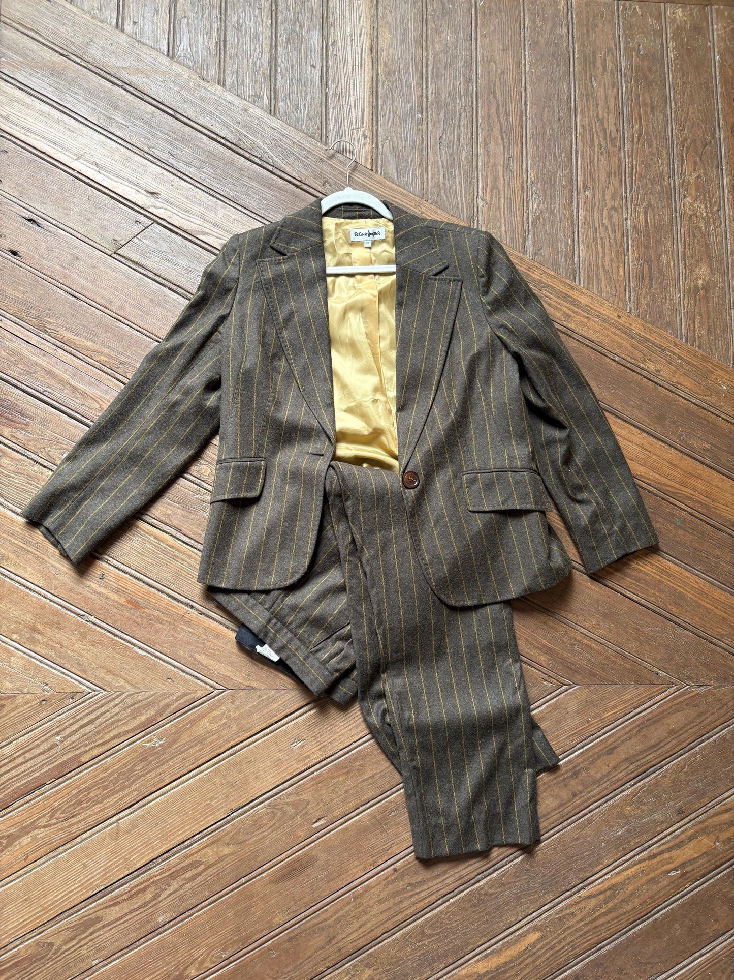 Vintage two piece woman suit, Retro wool striped blazer and pants, Dark Academia formal clothing set, XXXL