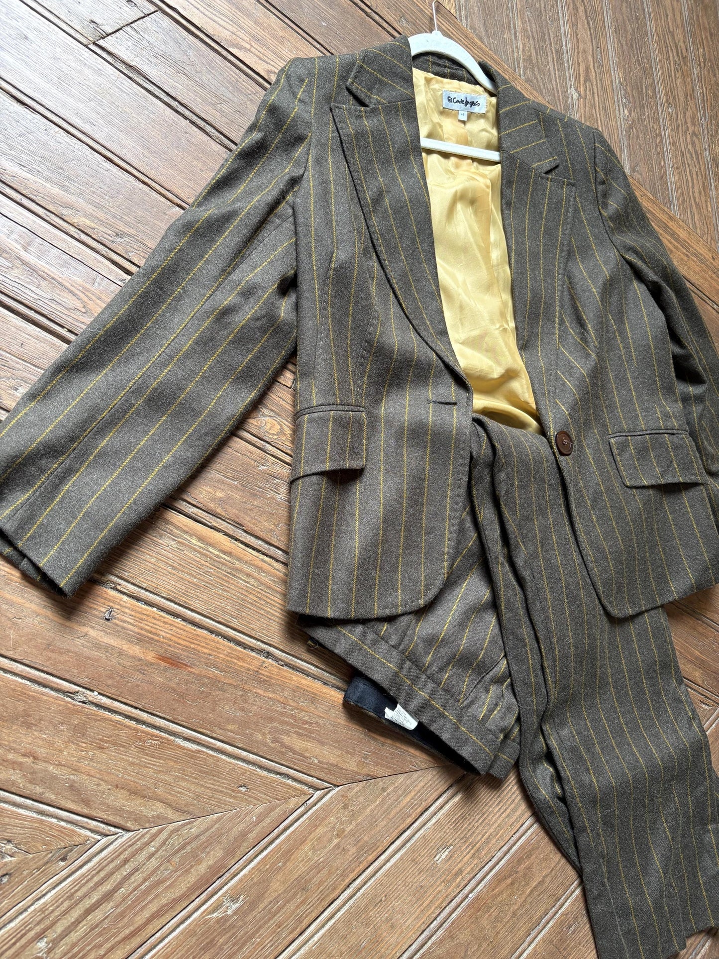 Vintage two piece wool woman suit, Retro wool striped blazer and pants, Dark Academia formal clothing set, XXXL