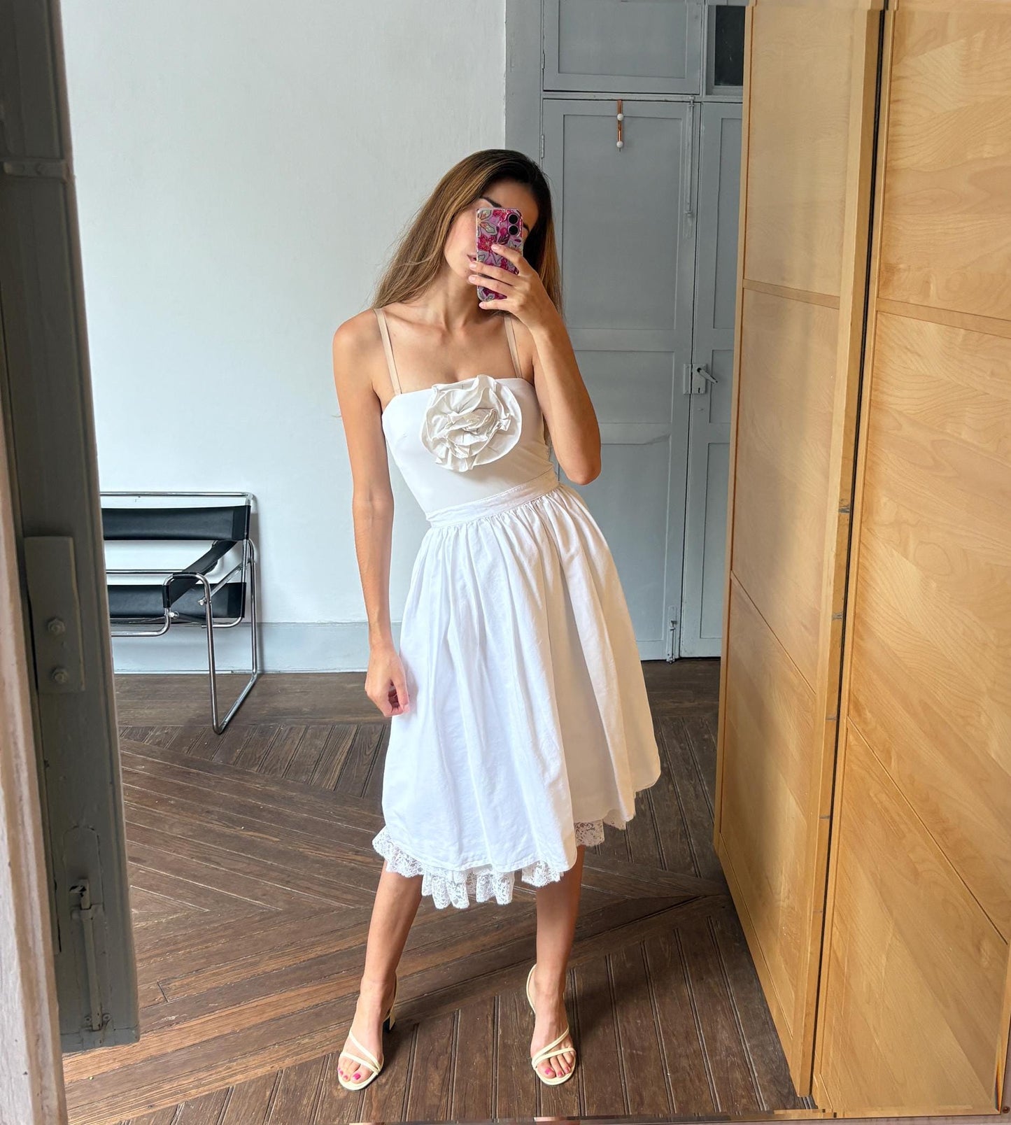 Vintage white pleated a-line skirt, Cottage core midi skirt, Volumous wedding guest outfit, XXS