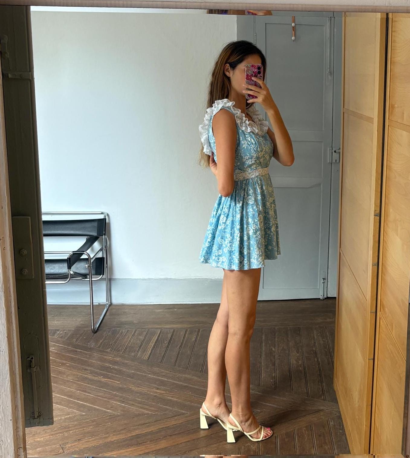 Vintage Handmade blue floral mini dress, Cute lace decorated short dress, Vintage feminine woman clothing, XXS - EU 32, Petite body