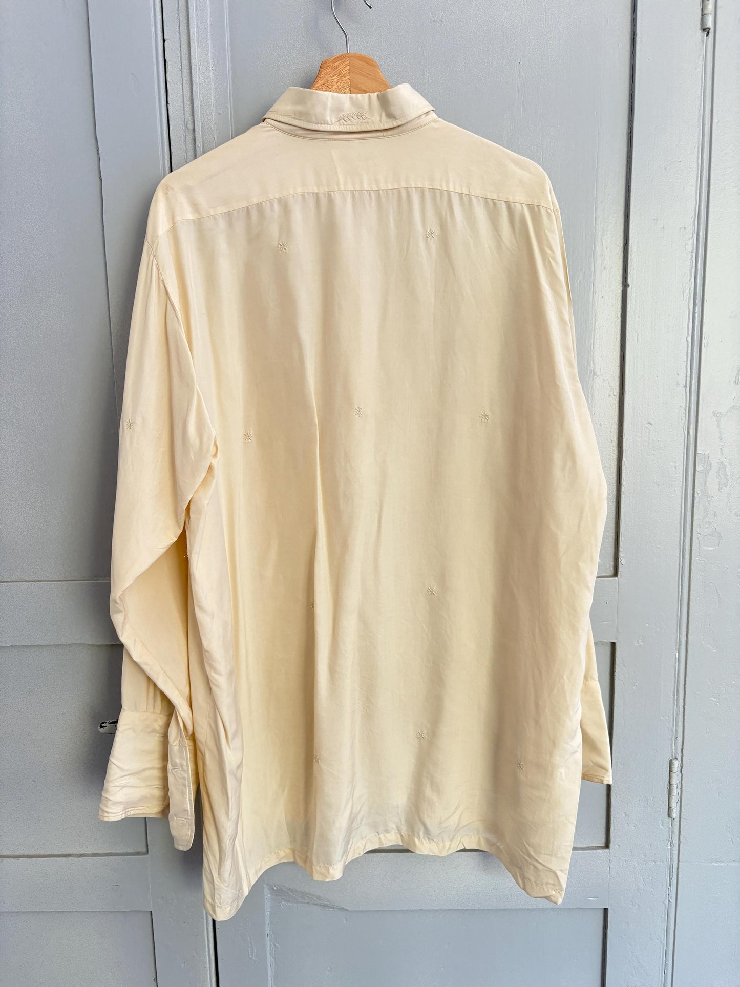 Gorgeous PURE SILK vintage MEN shirt, Hand embroidered off white oxford, A true vintage treasure, Super soft eggshell long sleeve button up