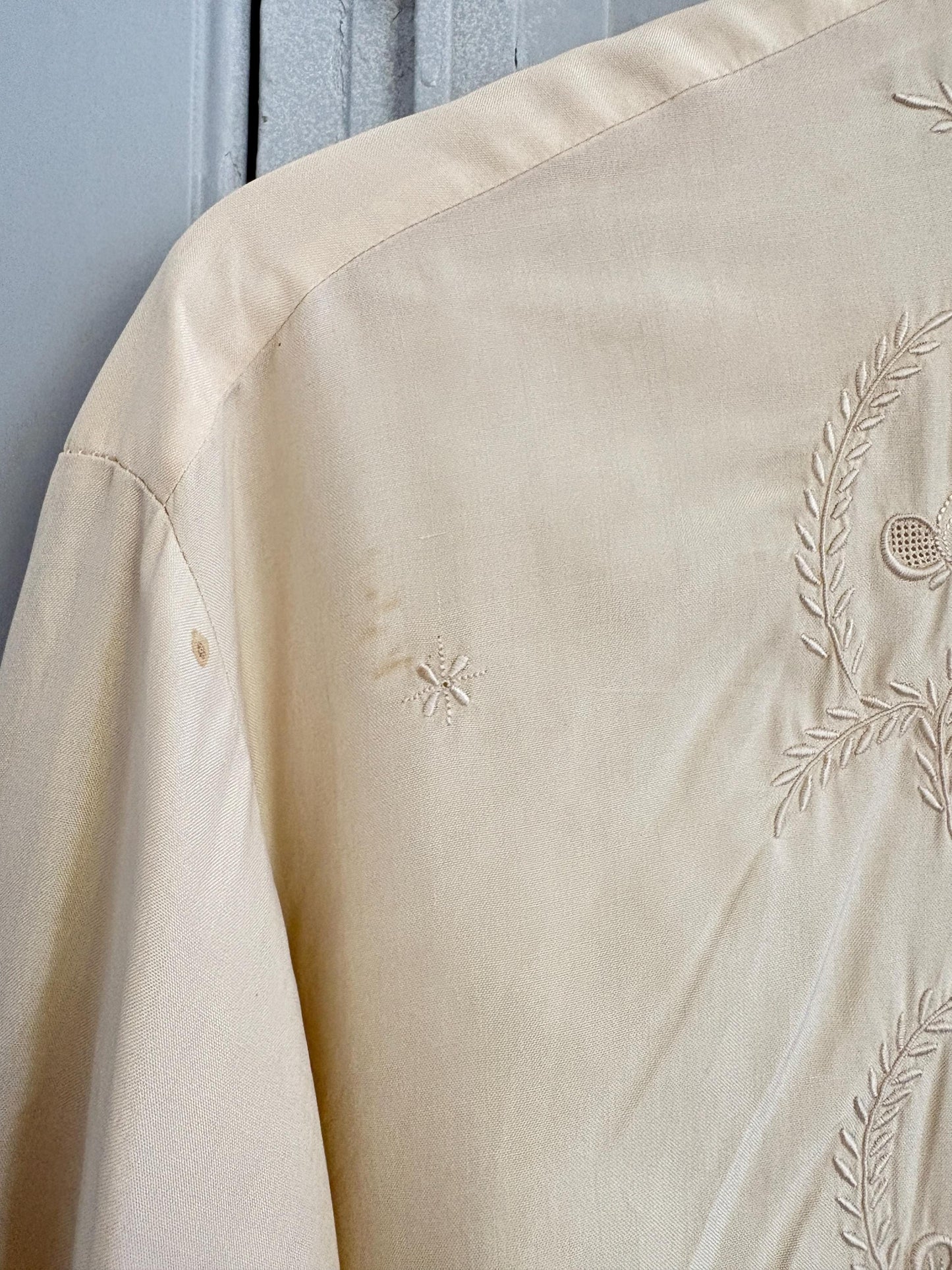 Gorgeous PURE SILK vintage MEN shirt, Hand embroidered off white oxford, A true vintage treasure, Super soft eggshell long sleeve button up
