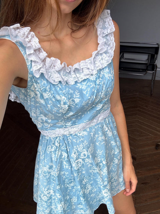 Vintage blue floral mini dress. Handmade vintage clothing