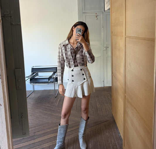 Vintage groovy button down shirt, Geometric brown and white retro blouse, 70s woman fashion, Long sleeve summer shirt, 1970s blouse, L