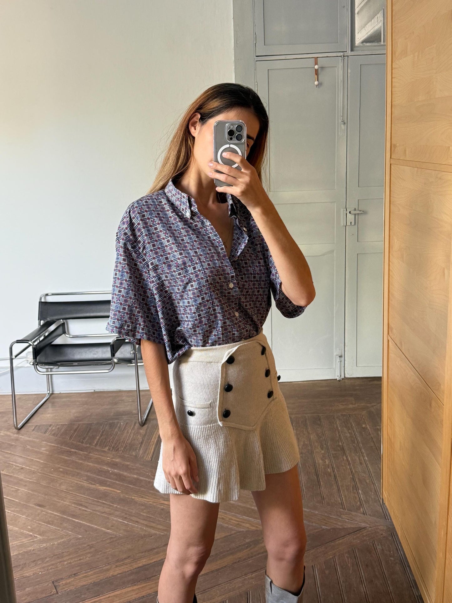 Retro Men's button down shirt, Blue groovy print blouse, Colourful patterned top, Cute short sleeve summer shirt, Loose 70s blouse, XXL