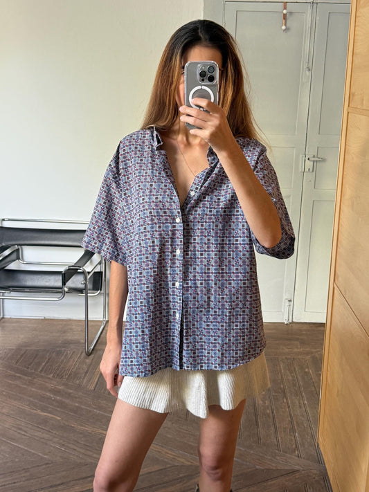 Retro Men's button down shirt, Blue groovy print blouse, Colourful patterned top, Cute short sleeve summer shirt, Loose 70s blouse, XXL