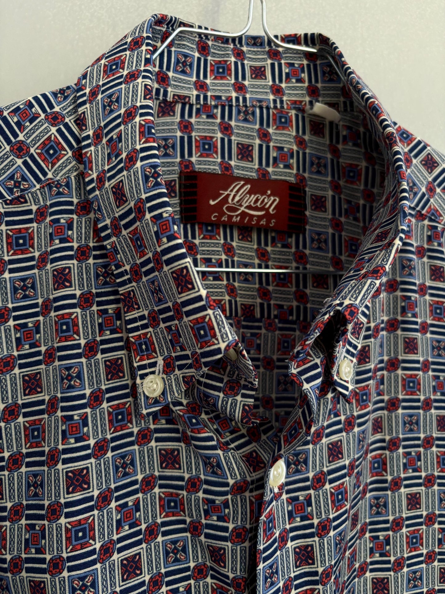 Retro Men's button down shirt, Blue groovy print blouse, Colourful patterned top, Cute short sleeve summer shirt, Loose 70s blouse, XXL