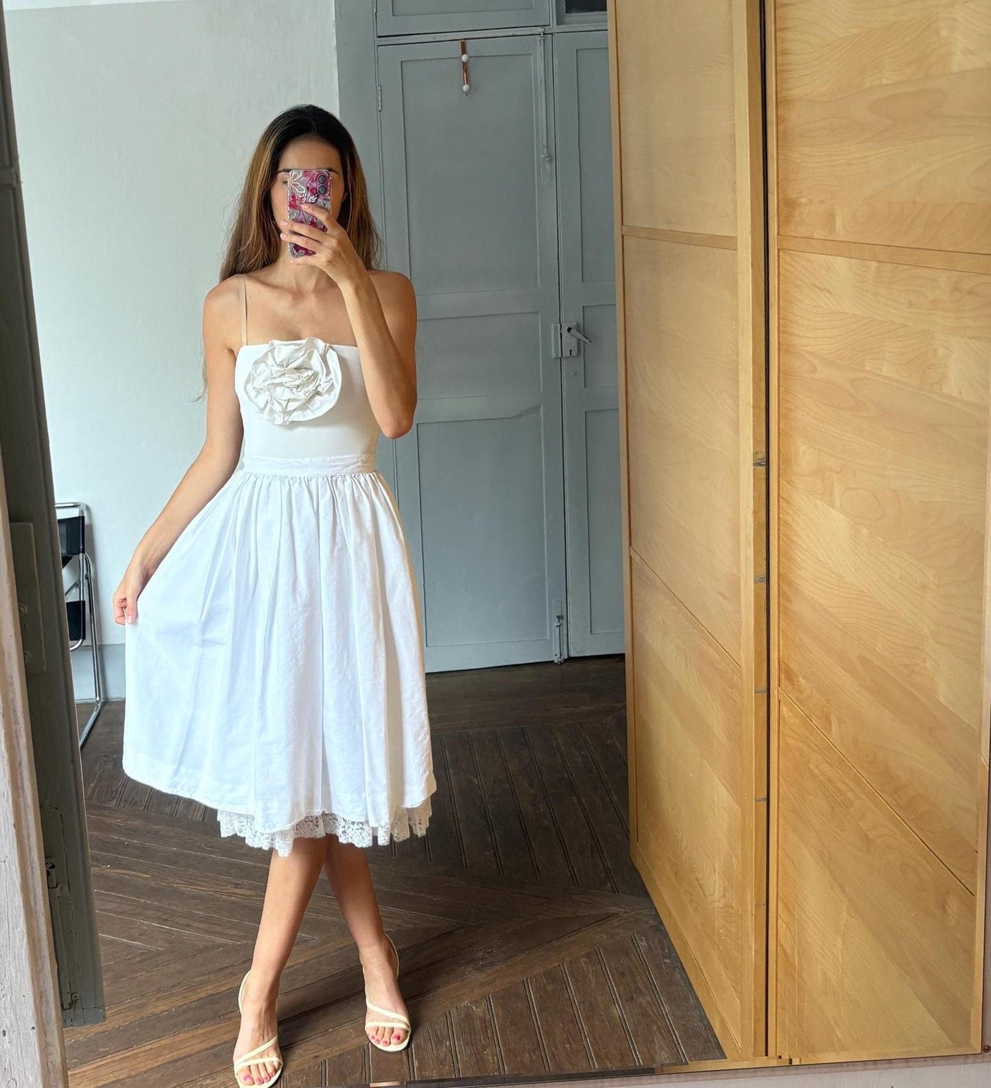 Vintage white pleated a-line skirt, Cottage core midi skirt, Volumous wedding guest outfit, XXS