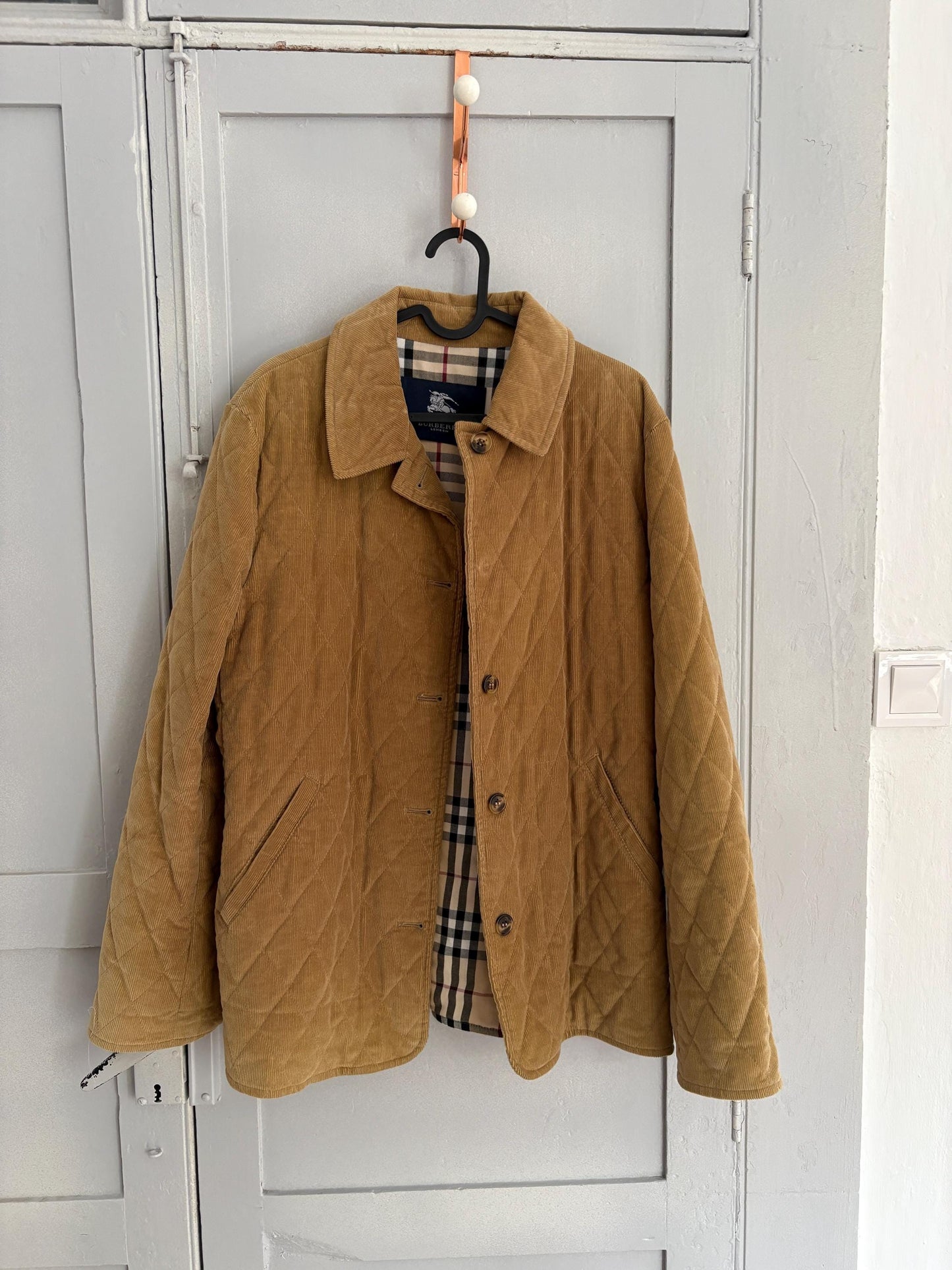Vintage Burberry London puffer jacket, Tan designer bomber coat,