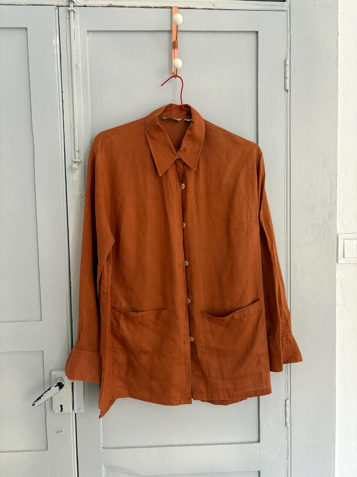 Vintage burnt orange Zara shirt – M, 100% ramie, minimalist button down, plant fiber, slow fashion wardrobe essential