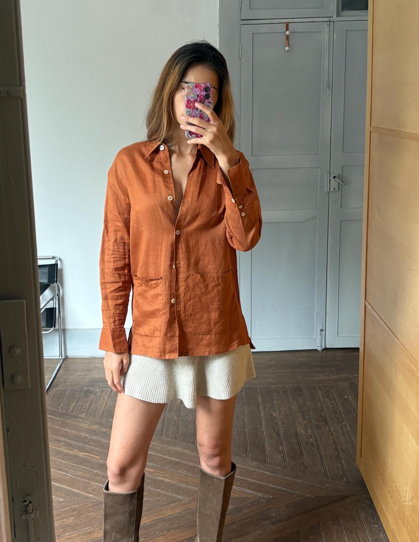 Vintage burnt orange Zara shirt – M, 100% ramie, minimalist button down, plant fiber, slow fashion wardrobe essential