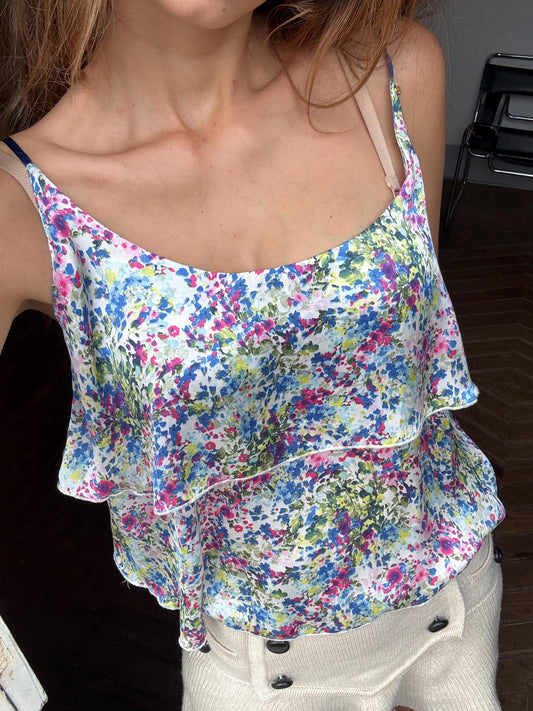 Vintage GUESS floral camisole, Y2k spaghetti loose layered tank top, Sexy see open neckline woman clothing, floral print corset top, L