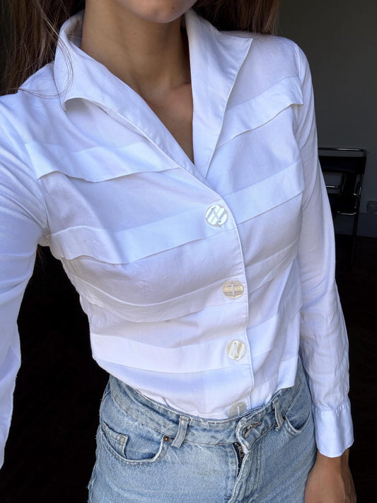 White vintage blouse, Italian design elegant woman top, Light academia wardrobe essential, Nara Camicie, Made in Italy, Size XS