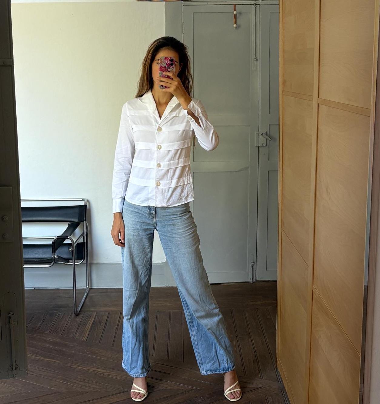 White vintage blouse, Italian design elegant woman top, Light academia wardrobe essential, Nara Camicie, Made in Italy, Size XS