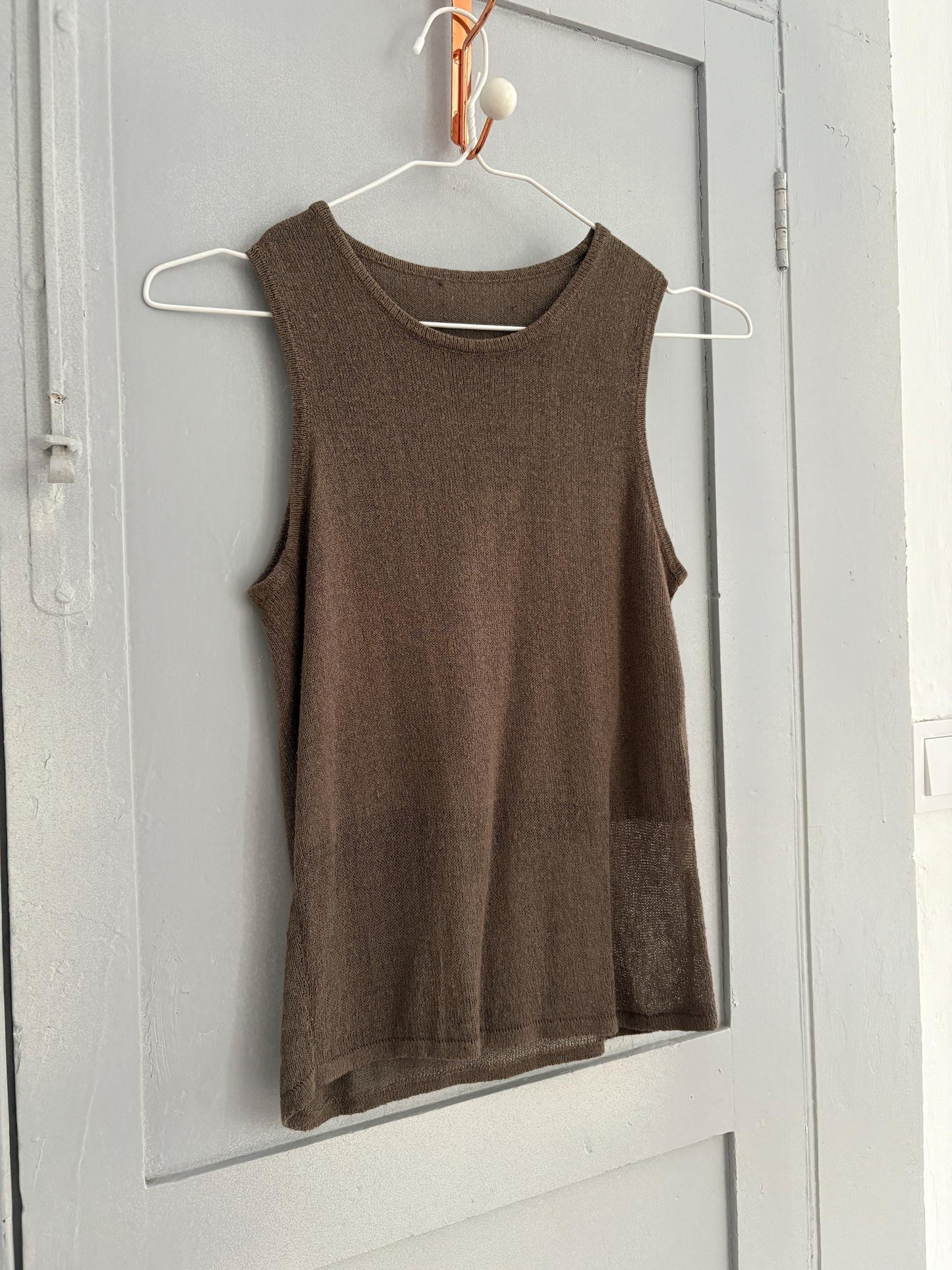 Vintage moss green minimalist tank top, Sleeveless basic Y2k fit Sexy see through used woman clothing, Artichoke natural colour shirt, XS