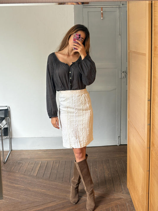 Vintage Handmade White Textured Midi Skirt — detail