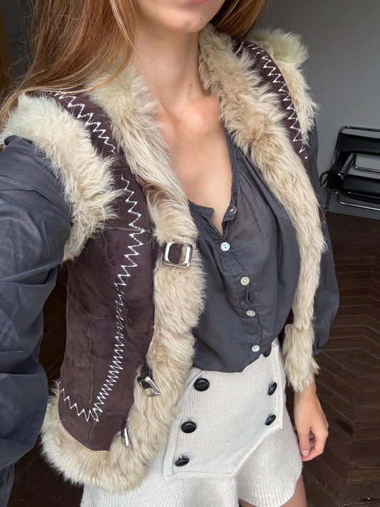 Vintage wool leather lammy vest, Sleeveless genuine leather 70s gilet, Sheep hide winter waistcoat, Sheephide cardigan