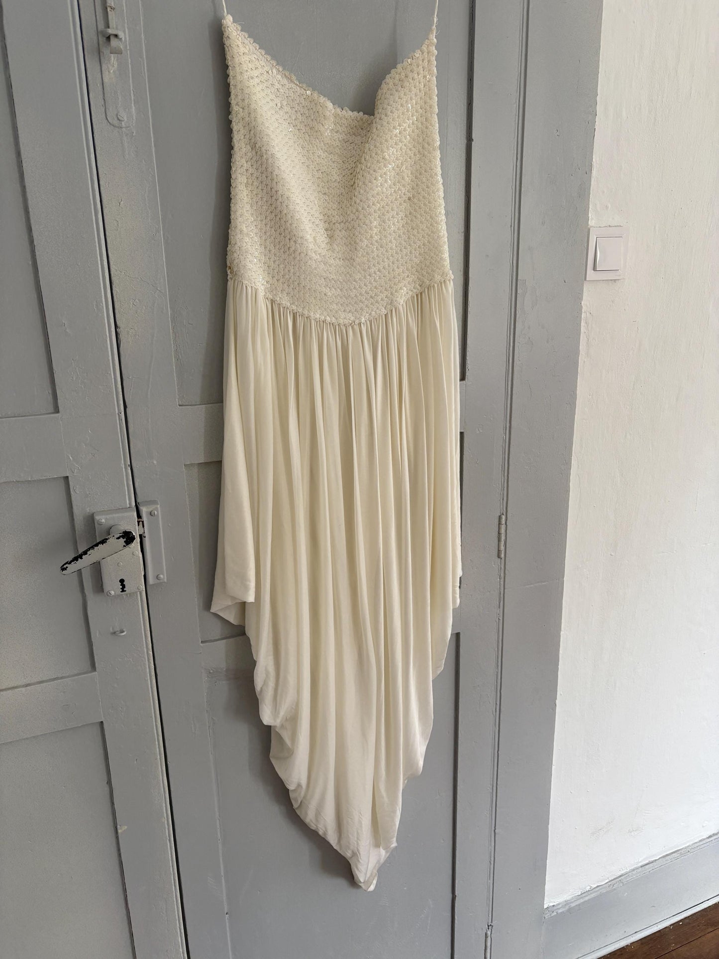 Vintage White Sequin Bandeau Jumpsuit, Draped Harem Leg Romper, Ethereal Boho Wedding Outfit, Elegant Cocktail Party Playsuit, Retro Fashion