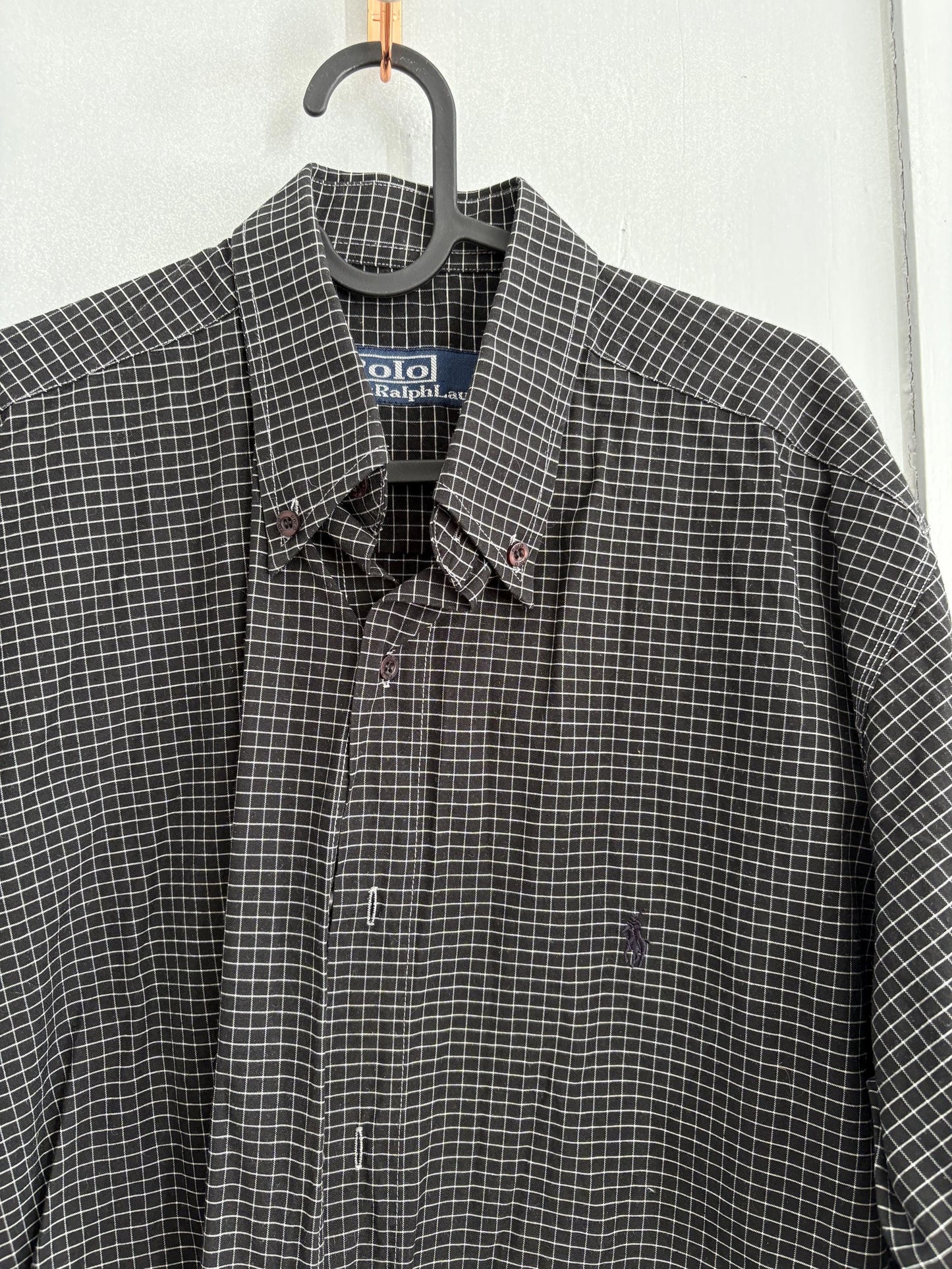 Classic Polo by Ralph Lauren black checkered button up shirt, Smart button up, 90s long sleeve shirt, Preppy designer blouse, L
