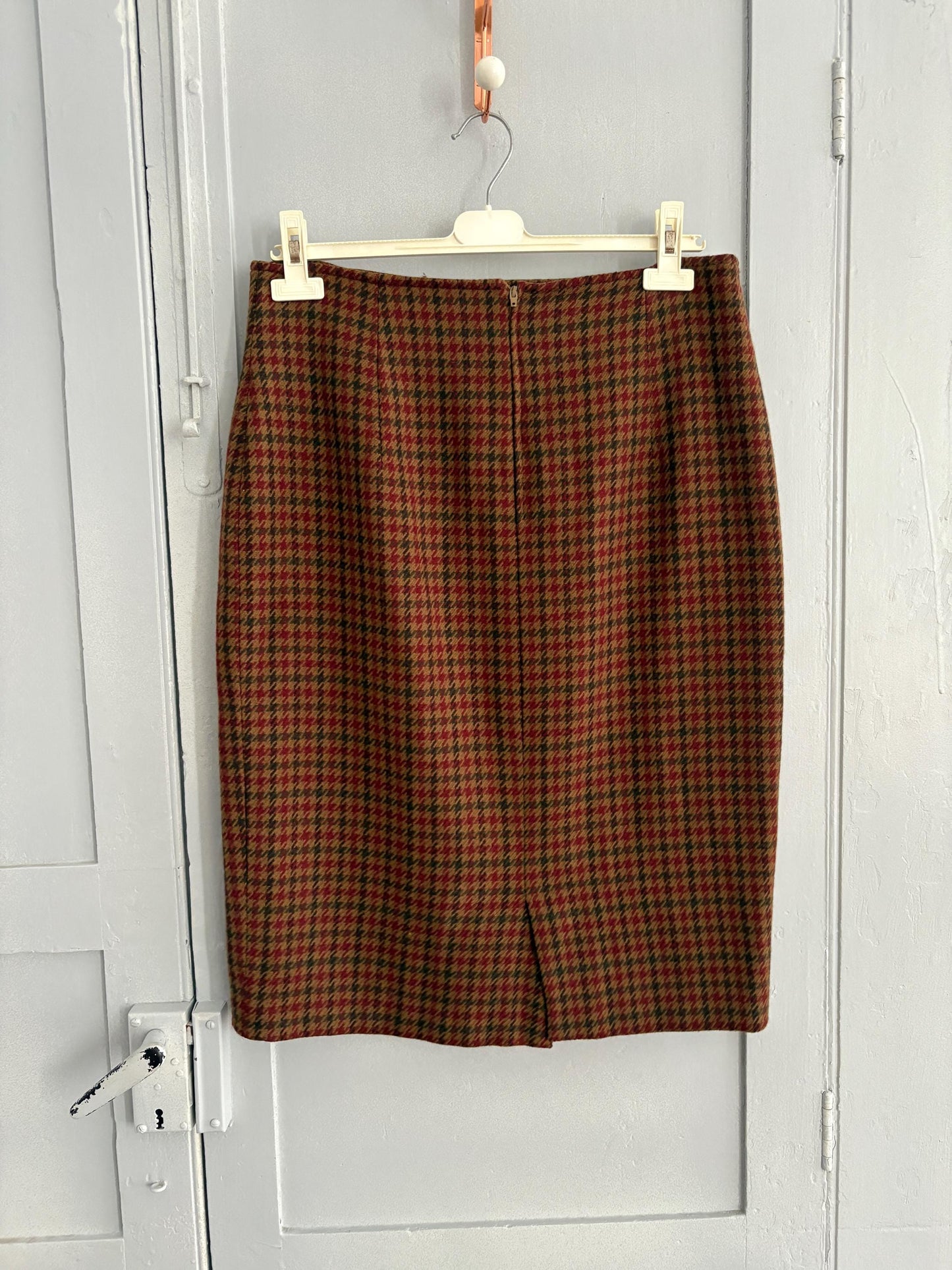 Vintage brown houndstooth wool midi skirt, Retro plaid high waist pencil skirt,Vintage tartan skirt, Dark academia aesthetic