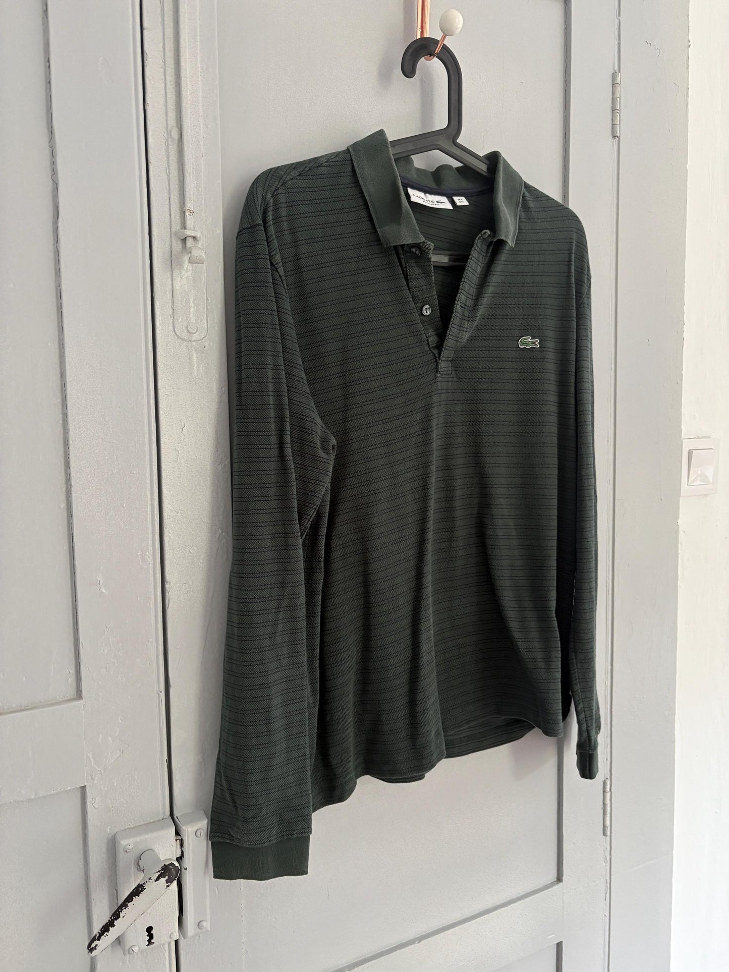 Vintage dark green Lacoste polo shirt, Striped designer sweatshirt, Branded cotton dark green long sleeve jumper, Regular fit, M