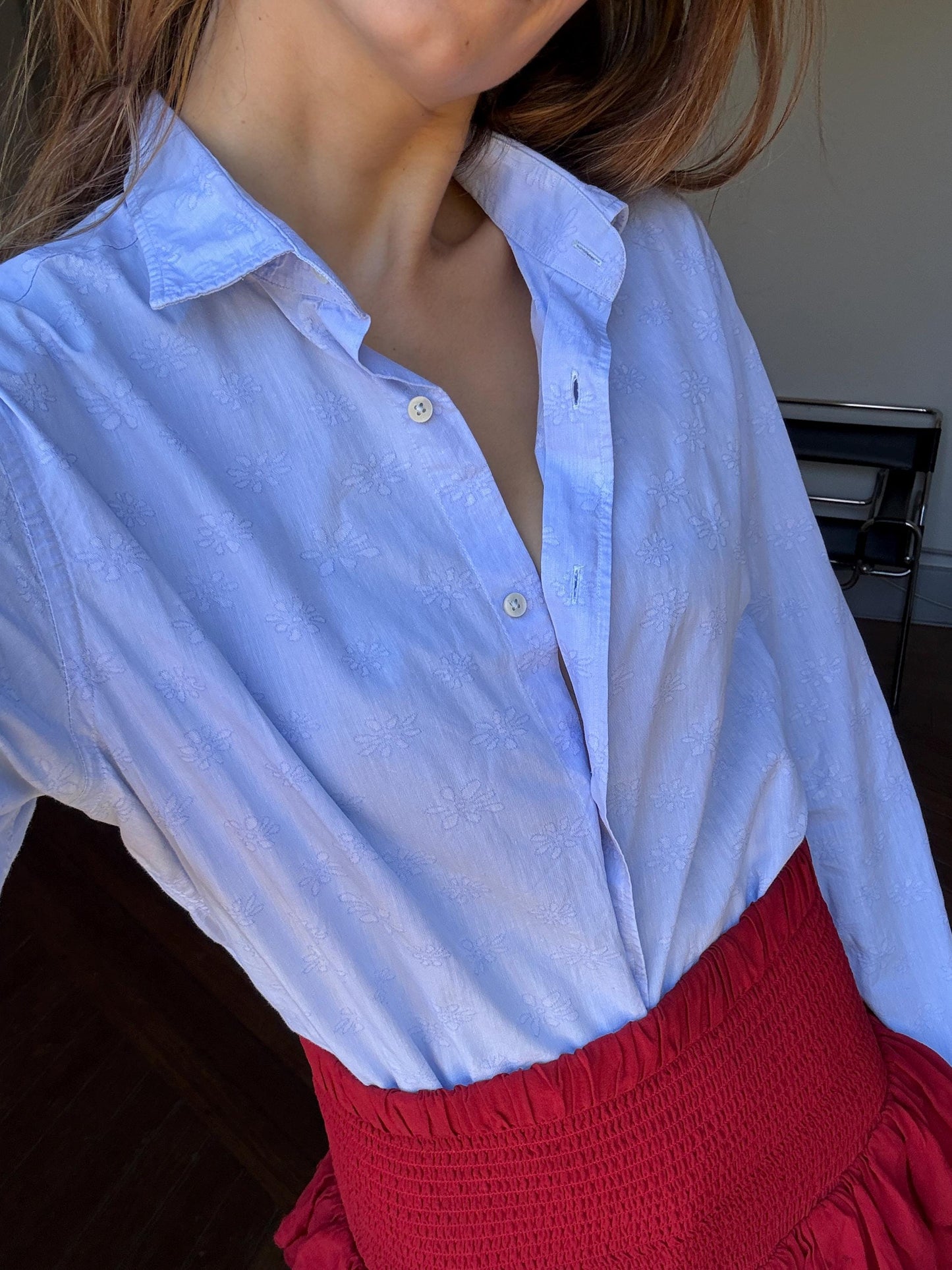 Vintage baby blue Massimo Dutti blouse, Crisp floral print Button-Up shirt, Delicate floral print, Classic Italian Design clothing