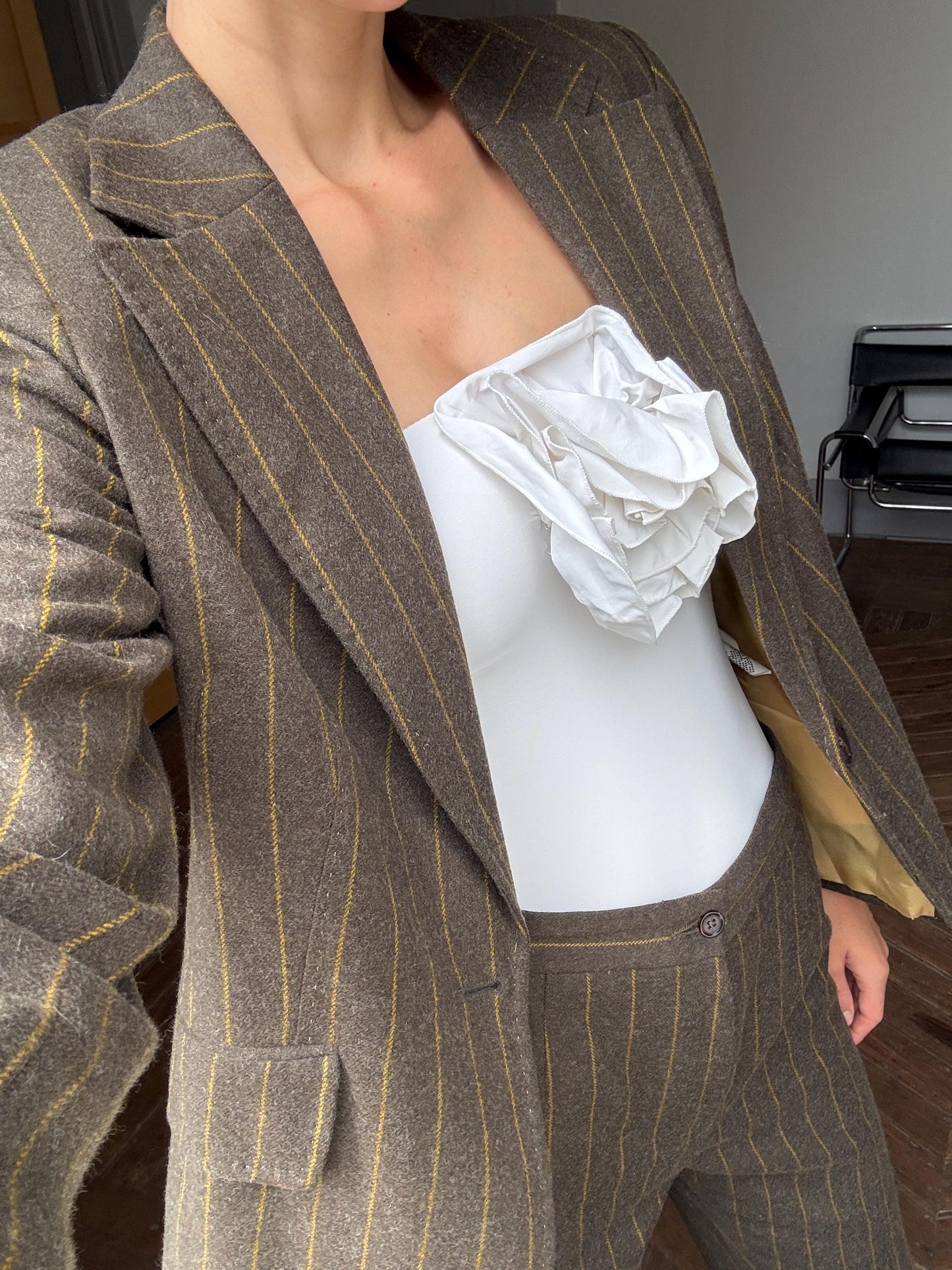 Vintage two piece woman suit, Retro wool striped blazer and pants, Dark Academia formal clothing set, XXXL