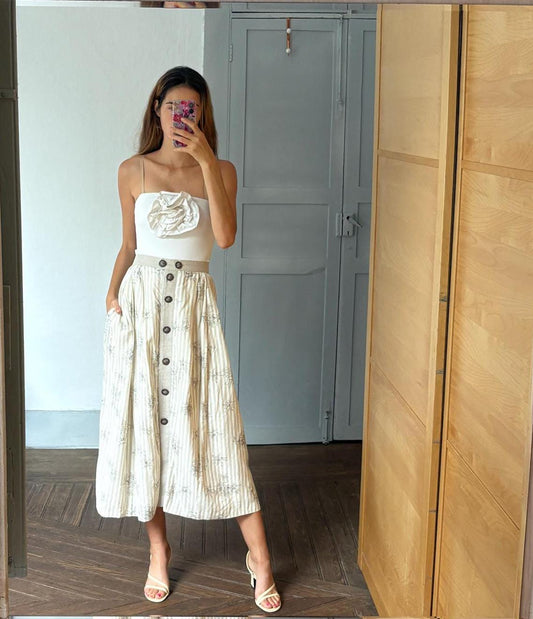 Beige and white striped Austrian trachten, Vintage Cottage core folklore clothing, Linen blend maxi skirt, German Dirdnl antique skirt