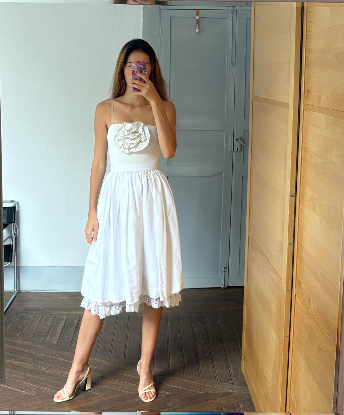 Vintage white pleated a-line skirt, Cottage core midi skirt, Volumous wedding guest outfit, XXS