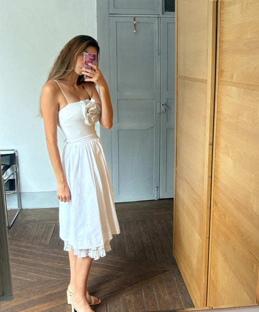 Vintage white pleated a-line skirt, Cottage core midi skirt, Volumous wedding guest outfit, XXS