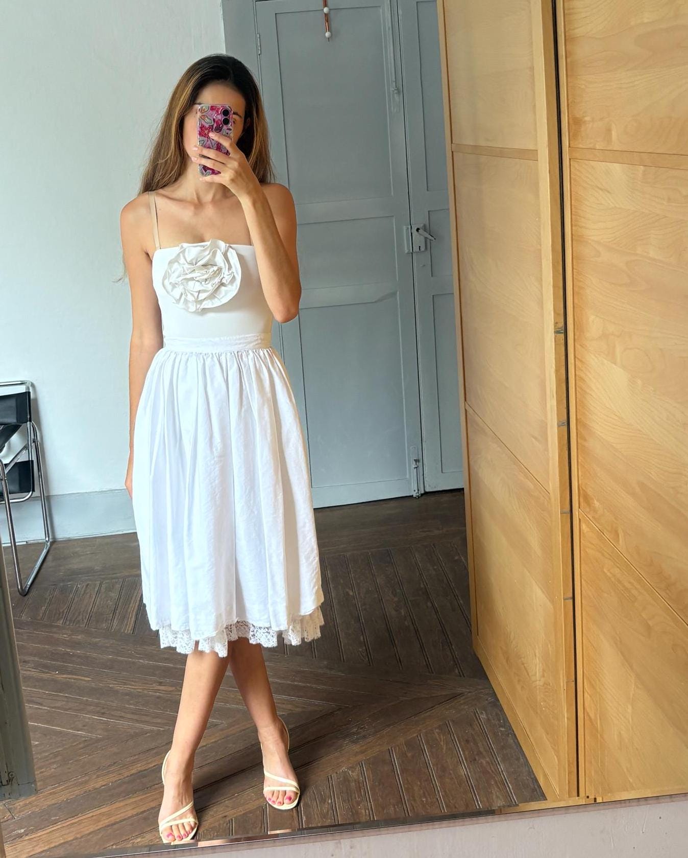 Vintage white pleated a-line skirt, Cottage core midi skirt, Volumous wedding guest outfit, XXS