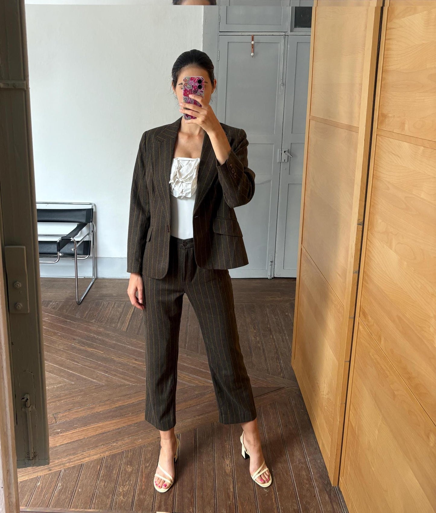 Vintage two piece woman suit, Retro wool striped blazer and pants, Dark Academia formal clothing set, XXXL