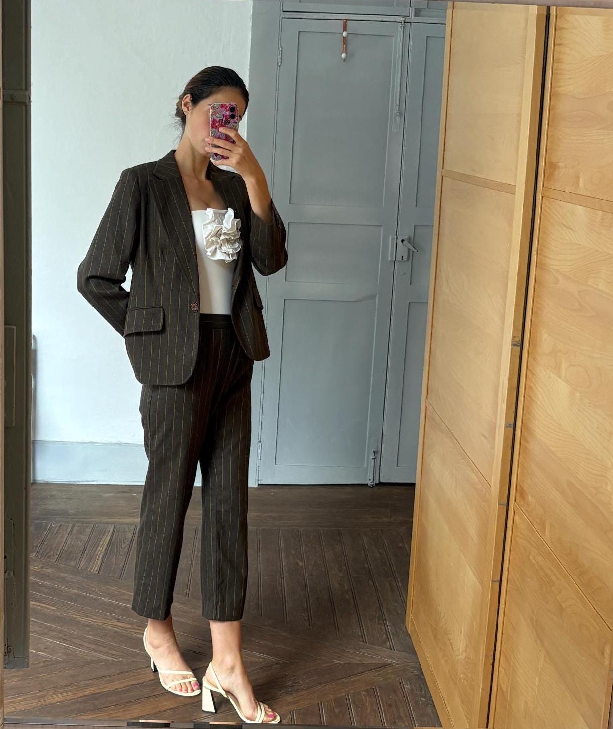 Vintage two piece woman suit, Retro wool striped blazer and pants, Dark Academia formal clothing set, XXXL