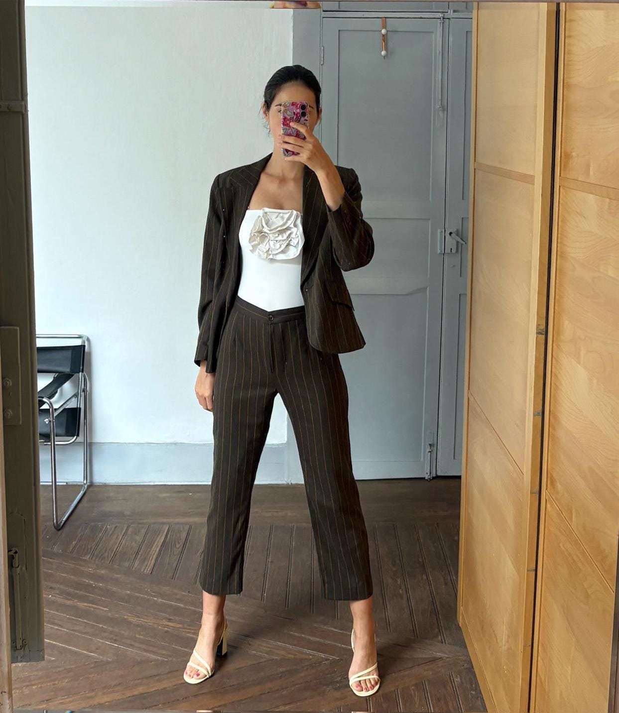 Vintage two piece woman suit, Retro wool striped blazer and pants, Dark Academia formal clothing set, XXXL