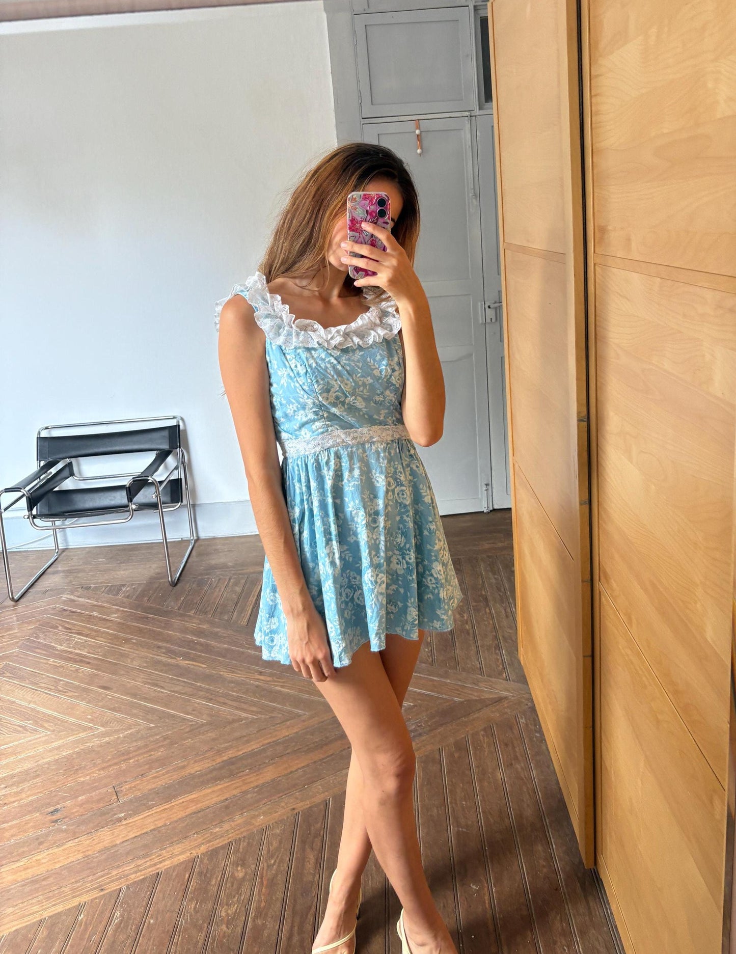 Vintage Handmade blue floral mini dress, Cute lace decorated short dress, Vintage feminine woman clothing, XXS - EU 32, Petite body