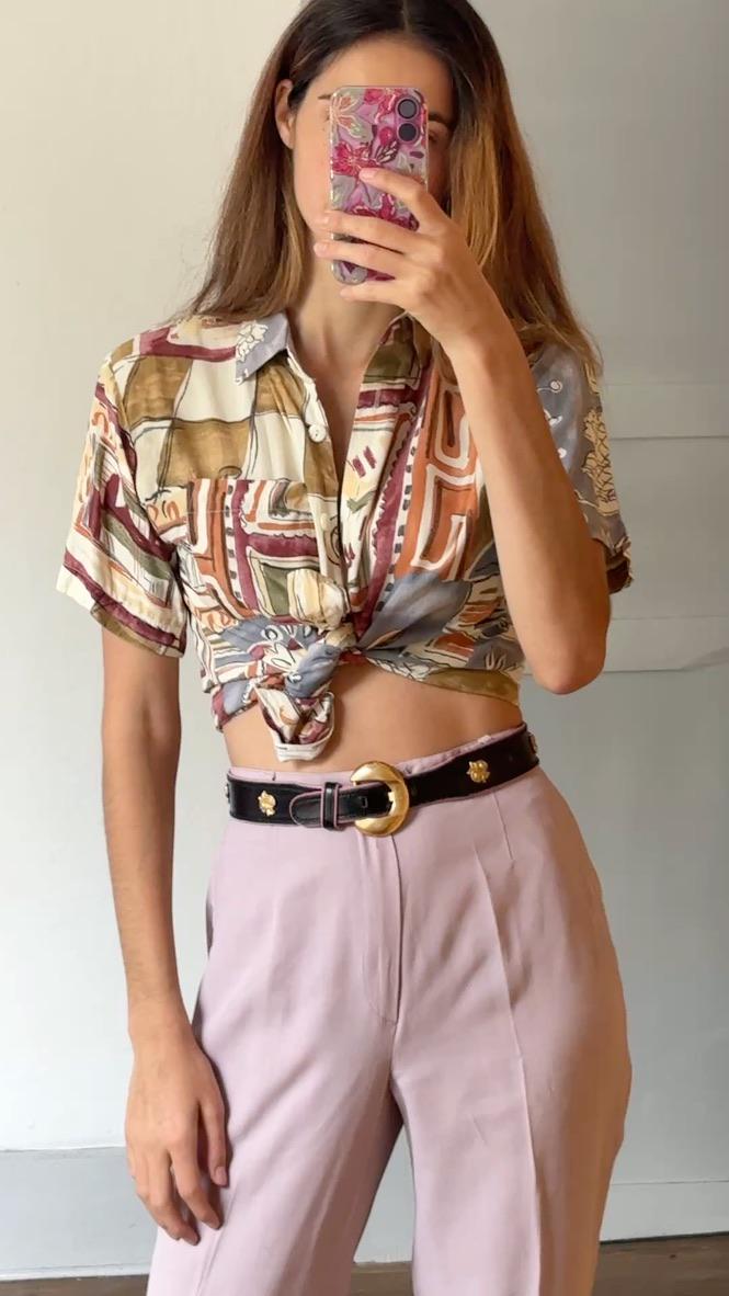 Vintage abstract 80s woman blouse, Retro colourful button up shirt, Cute 70s summer shirt, Dina Ariel Petites