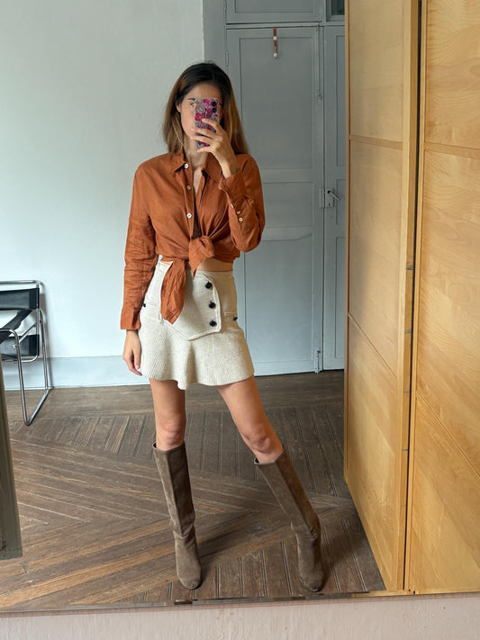 Vintage burnt orange woman blouse, Button up retro biodegradable ramie shirt, Vintage Zara plant fiber shirt, Earthy Sustainable fashion