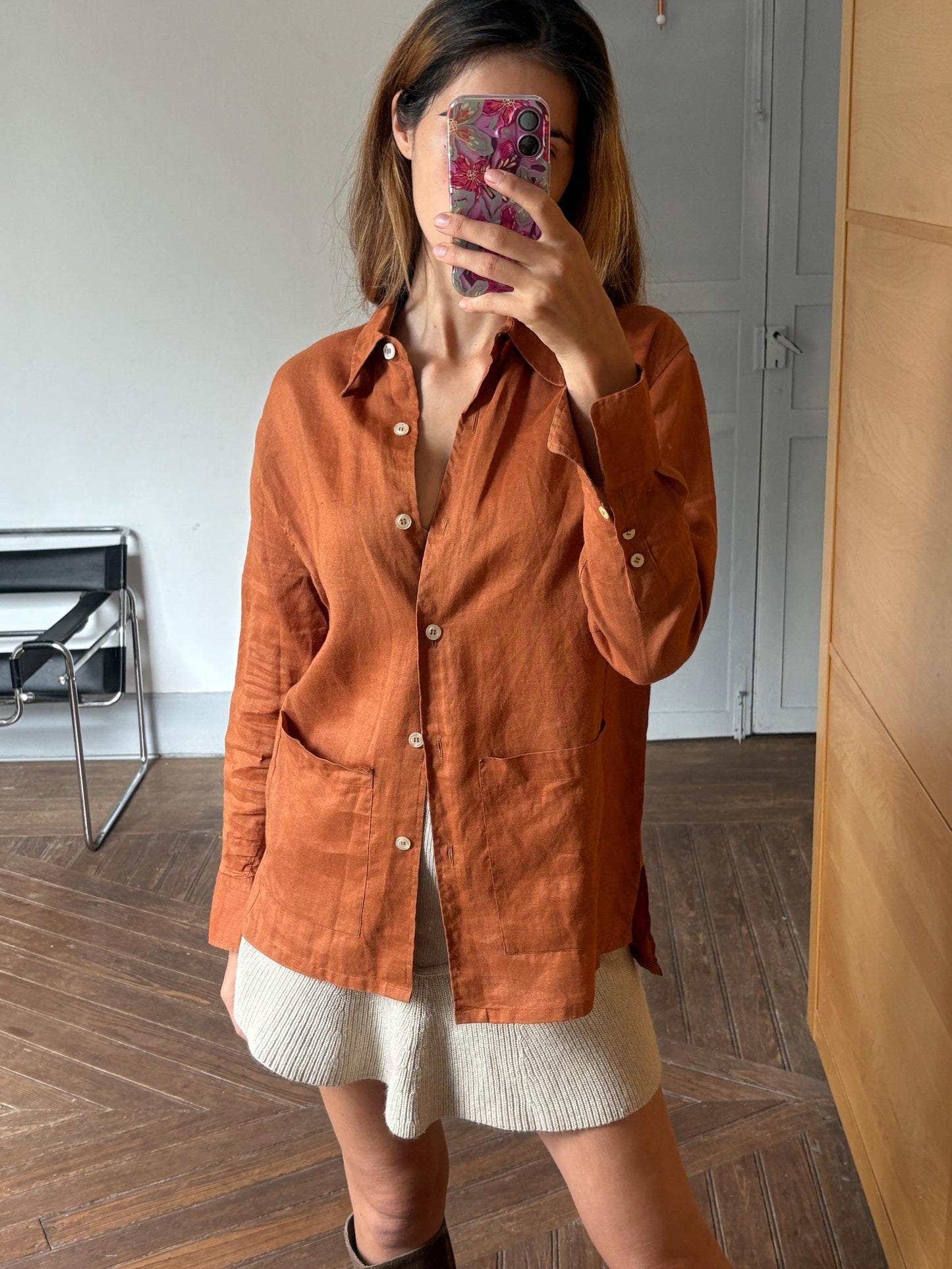Vintage burnt orange Zara shirt – M, 100% ramie, minimalist button down, plant fiber, slow fashion wardrobe essential