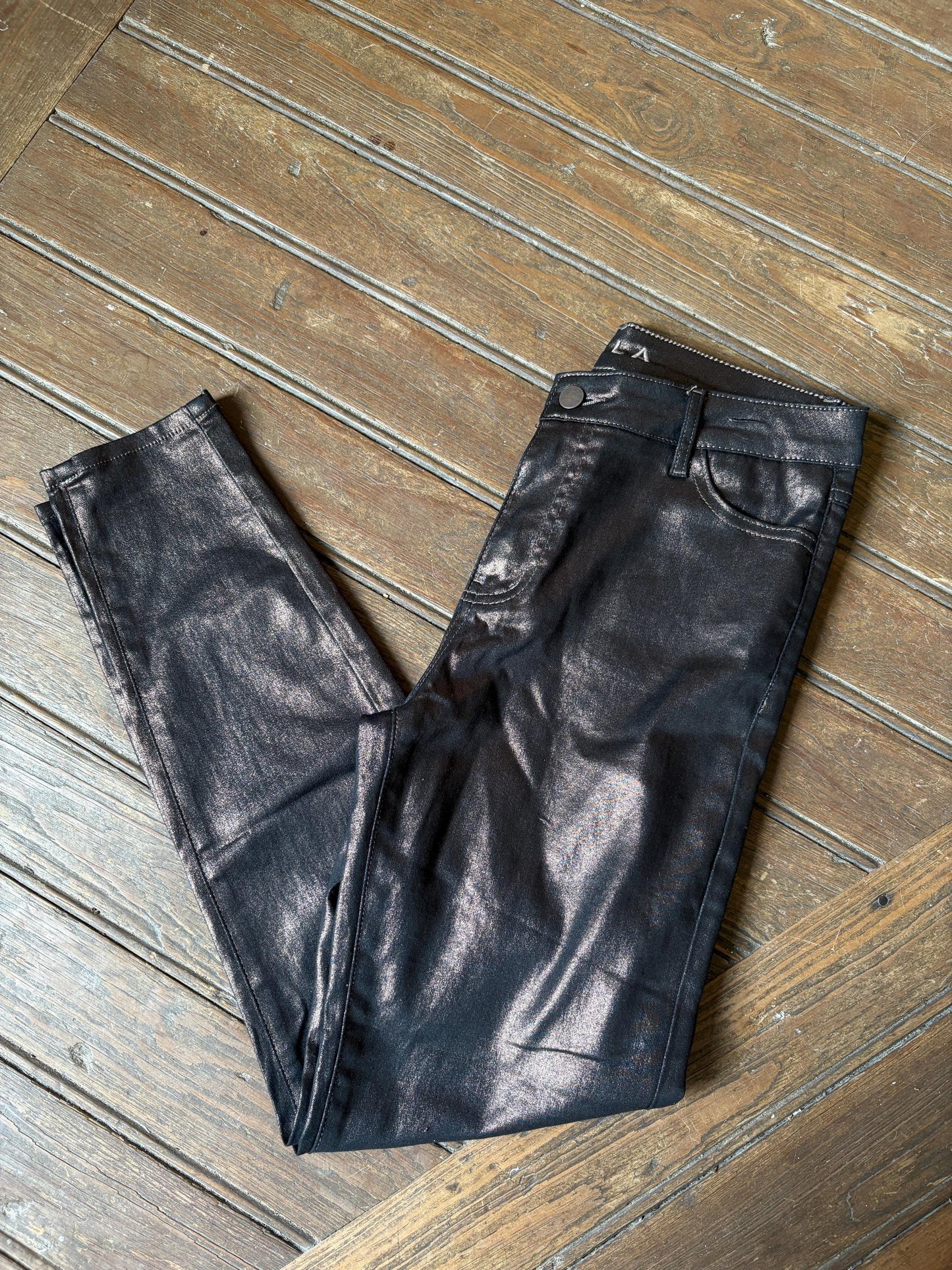 Metallic black skinny pants, Vintage Vila garment coated pants, Festive glitter trousers, M