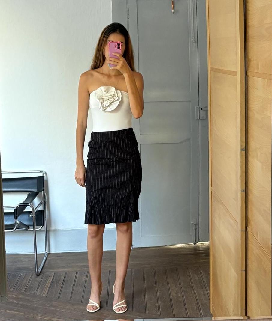 Luxury Josephine and co pencil skirt, Vintage Elegant formal black pinstripe skirt, Cotton skirt