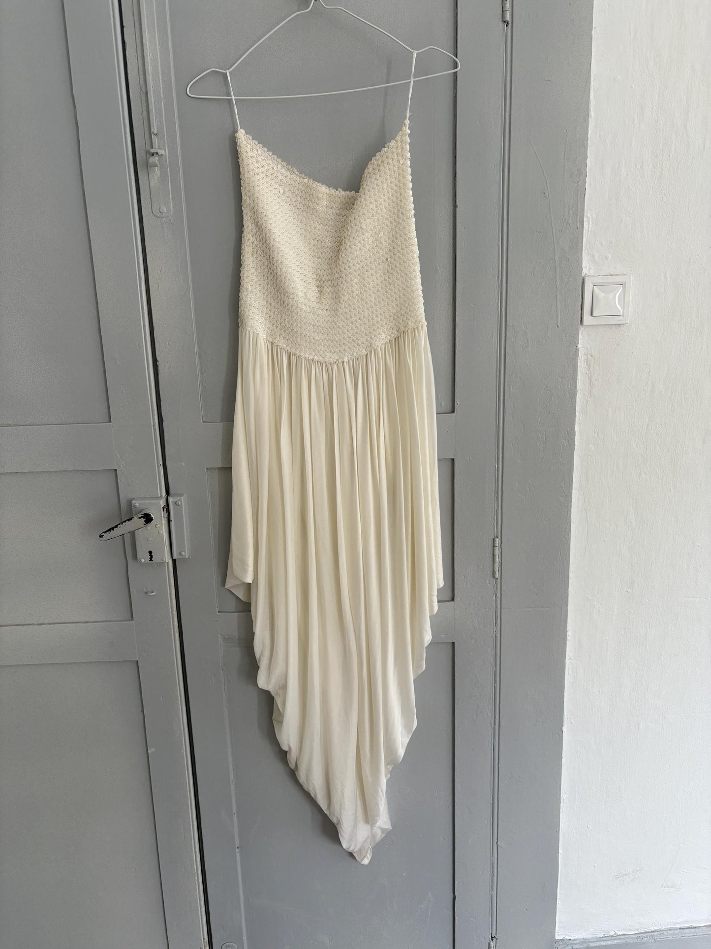 Vintage White Sequin Bandeau Jumpsuit, Draped Harem Leg Romper, Ethereal Boho Wedding Outfit, Elegant Cocktail Party Playsuit, Retro Fashion