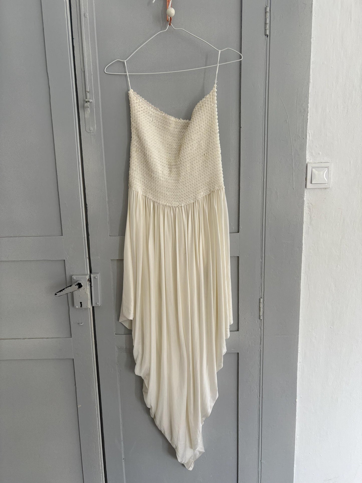 Vintage White Sequin Bandeau Jumpsuit, Draped Harem Leg Romper, Ethereal Boho Wedding Outfit, Elegant Cocktail Party Playsuit, Retro Fashion
