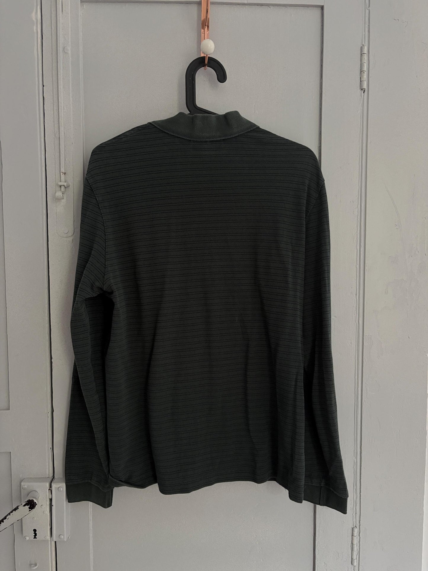 Vintage dark green Lacoste polo shirt, Striped designer sweatshirt, Branded cotton dark green long sleeve jumper, Regular fit, M