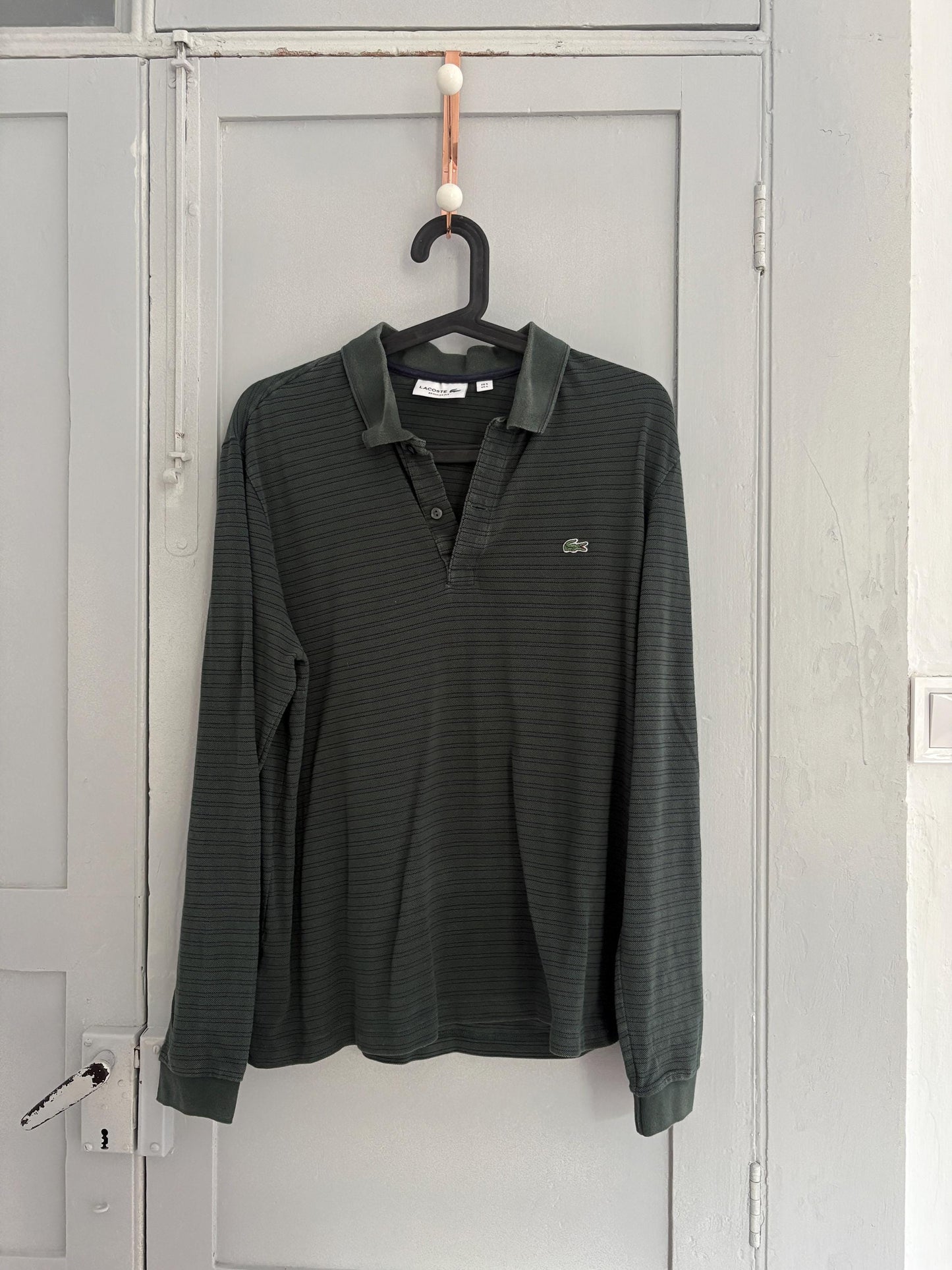 Vintage dark green Lacoste polo shirt, Striped designer sweatshirt, Branded cotton dark green long sleeve jumper, Regular fit, M