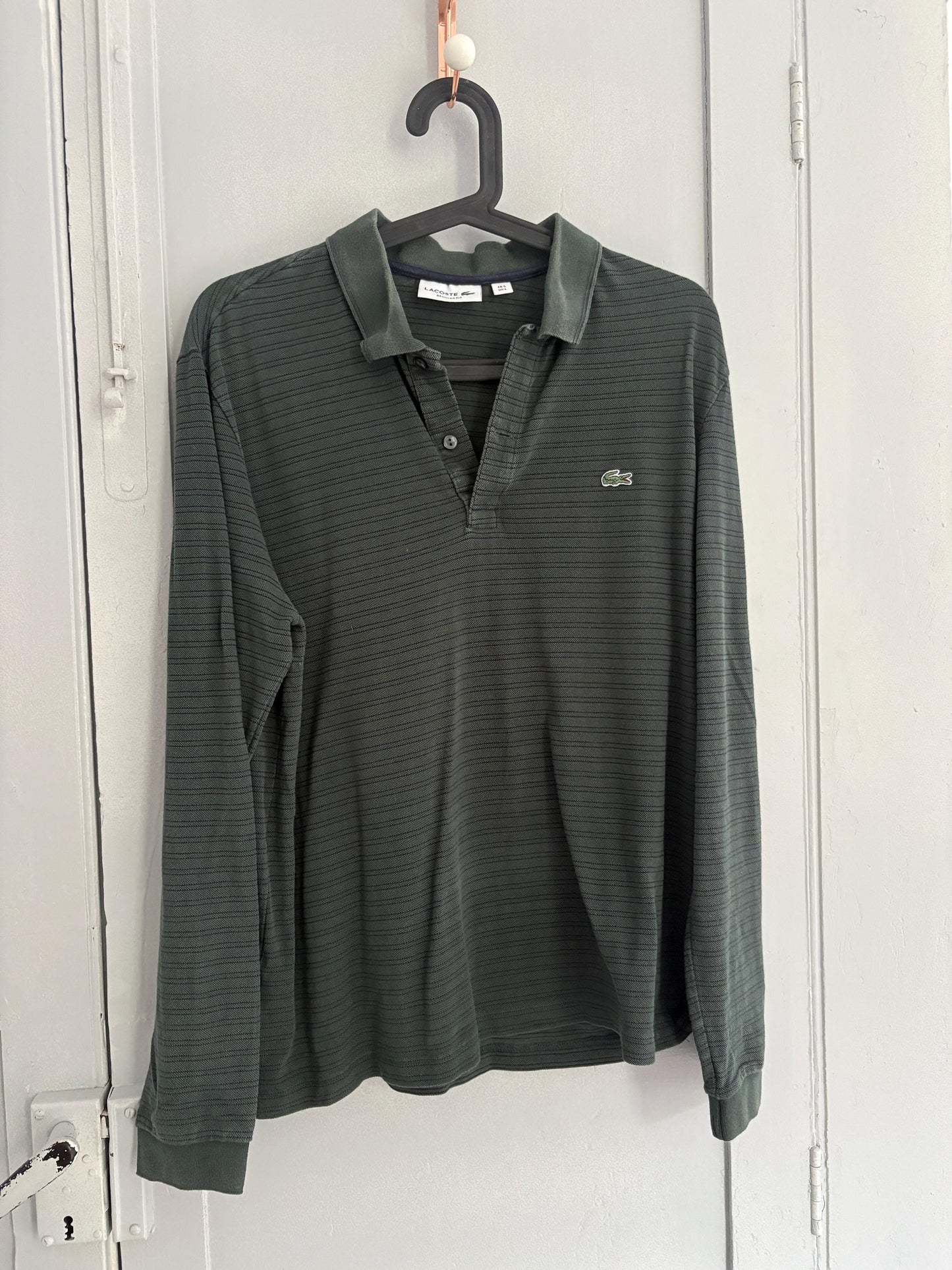 Vintage dark green Lacoste polo shirt, Striped designer sweatshirt, Branded cotton dark green long sleeve jumper, Regular fit, M