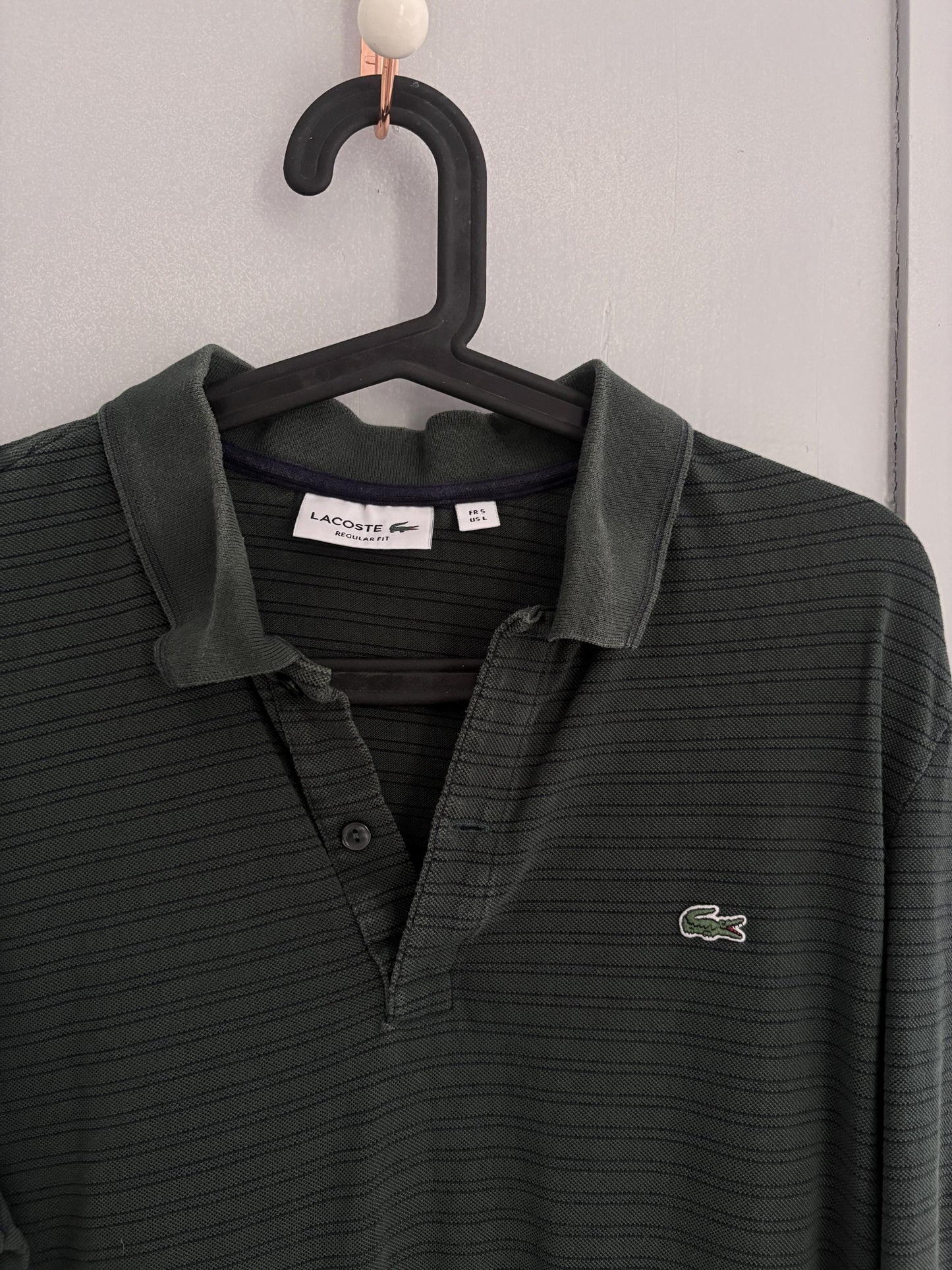Vintage dark green Lacoste polo shirt, Striped designer sweatshirt, Branded cotton dark green long sleeve jumper, Regular fit, M