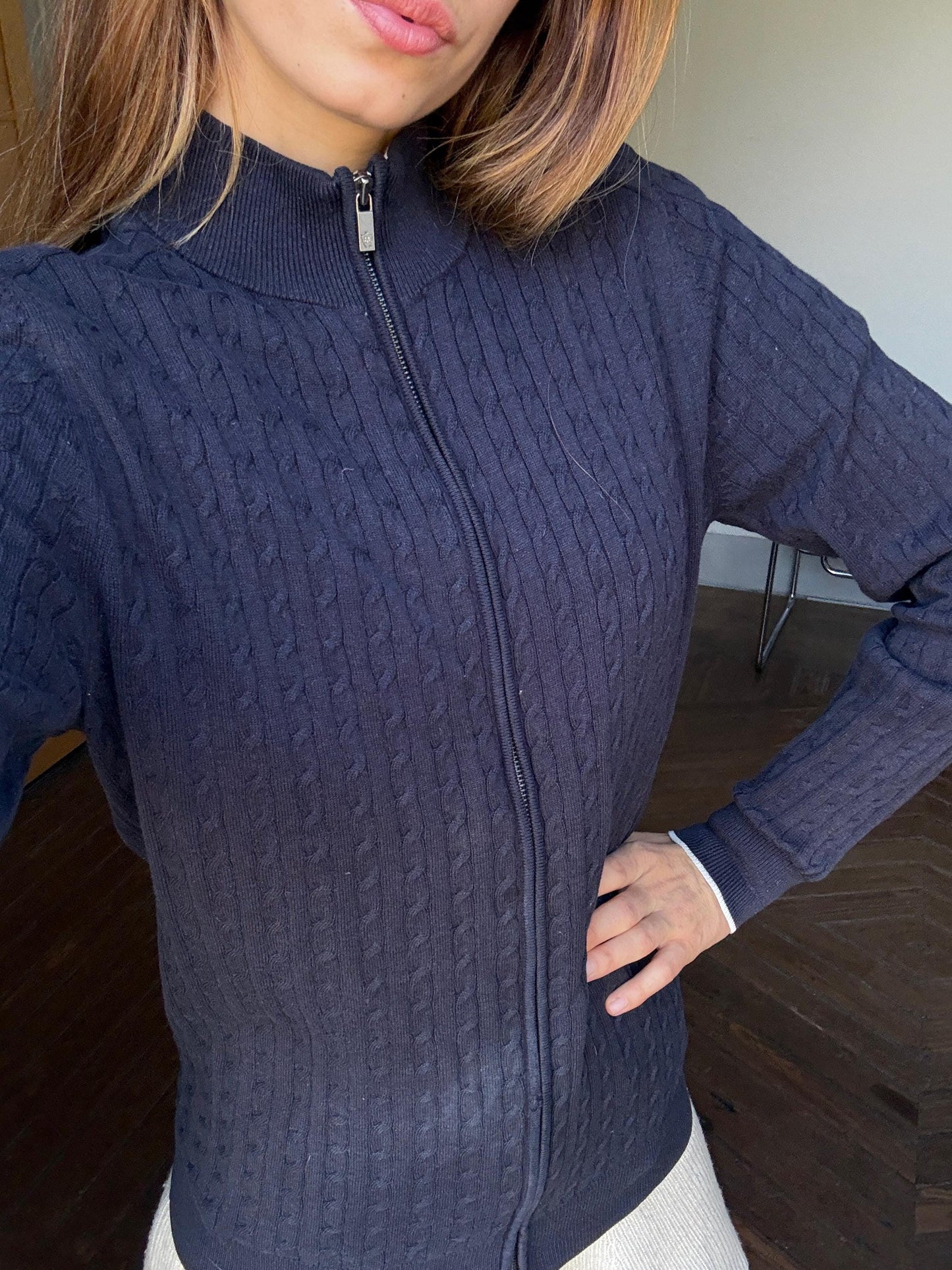 Dark blue vintage cashmere Massimo Dutti Luxe cardigan - Long sleeved navy blue cotton blend vest, Super soft winter knit Designer Jumper, S