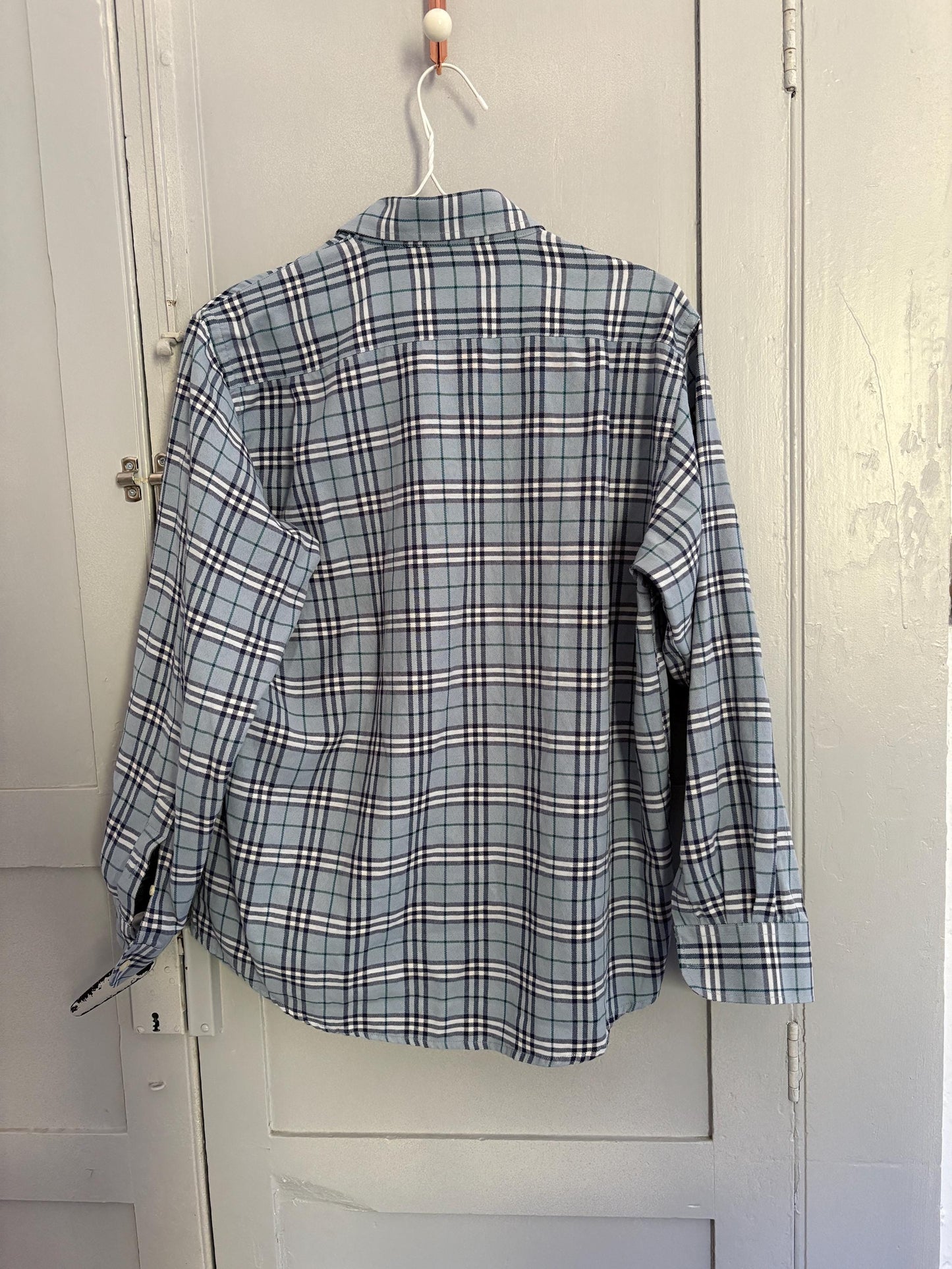 Vintage BURBERRY London blue and white plaid men blouse, Oxford designer shirt, Boxy fit, Classic formal shirt, Checkered branded wear, M