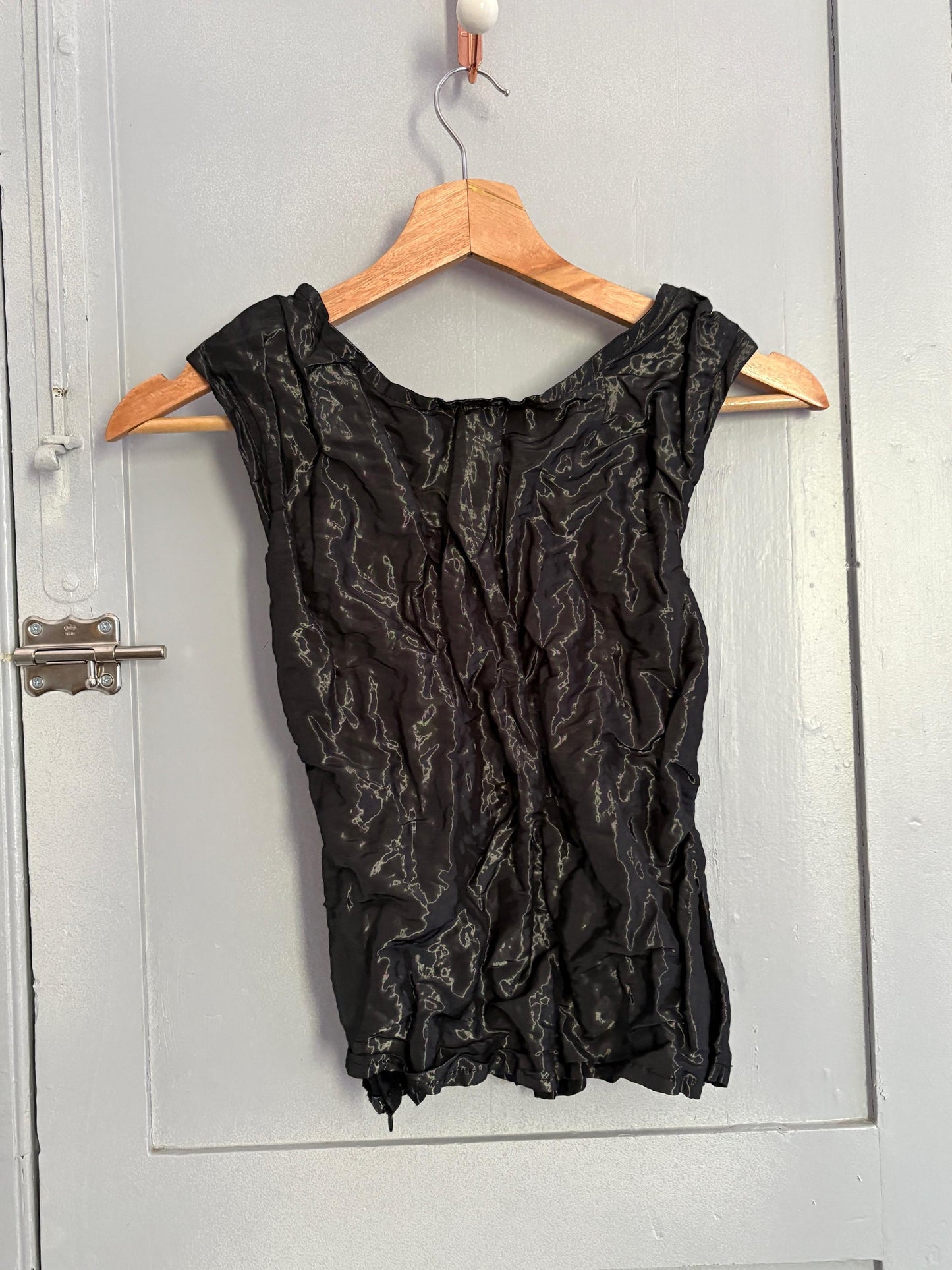 Chic black camisole, Elegant sleeveless textured top, Shiny black outfit, XXS