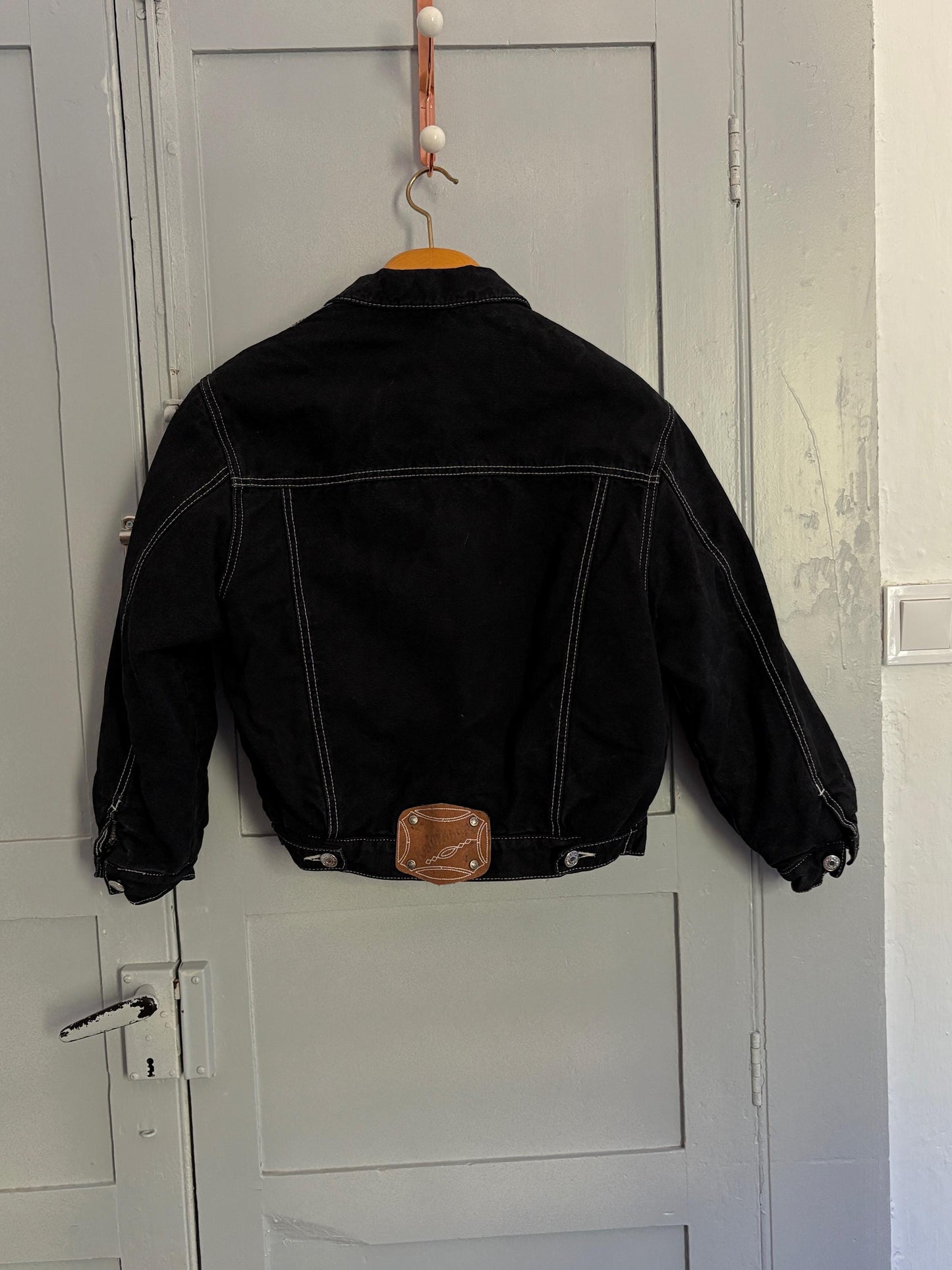 Vintage 1990s Rio Grande Black Puffer Denim Jacket Lined Bomber Fall Outerwear Size Small